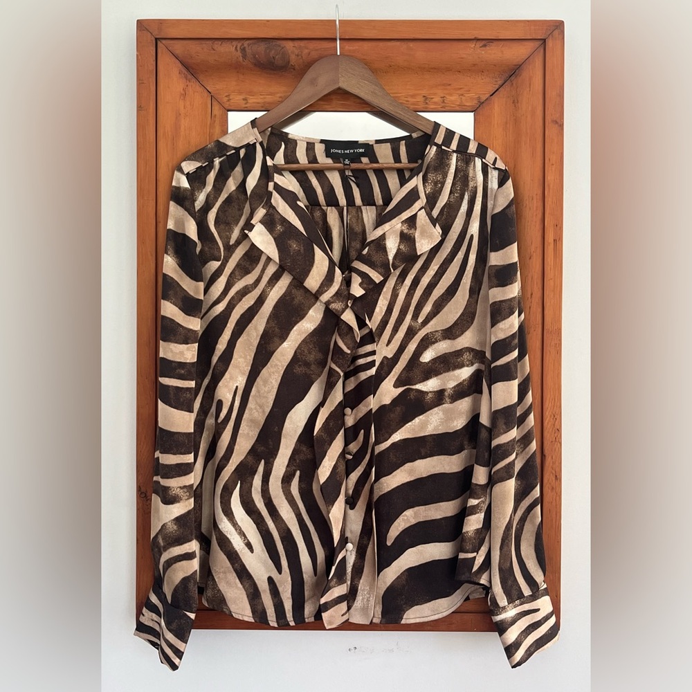 Vintage Jones New York Black and Cream Zebra Print Ruffle Button Down Shirt